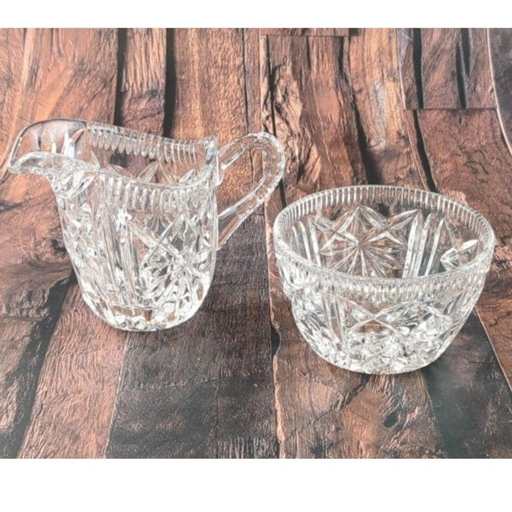 VTG Cut Glass Crystal Creamer & Sugar Bowl Set MCM Starburst Elegant‎ Design